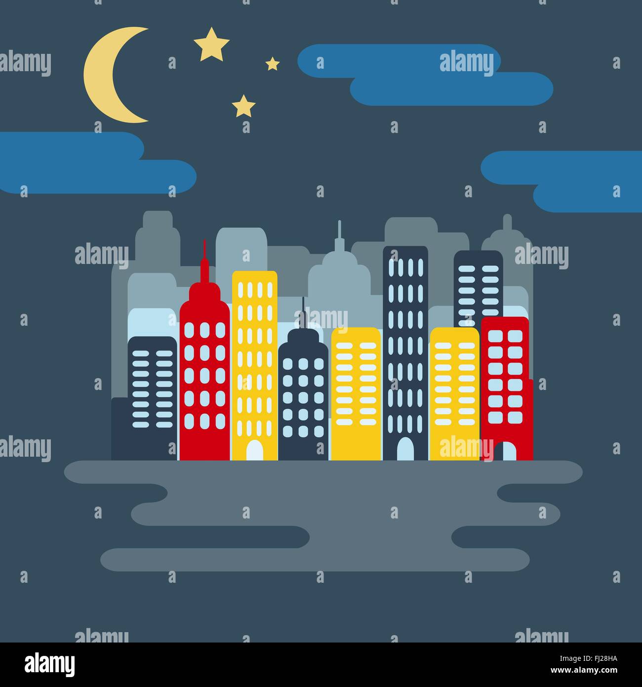 Download Cityscape With Buildings Skyscrapers Starry Sky With Half Moon At Night Digital Background Flat Vector Illustration Stock Vector Image Art Alamy