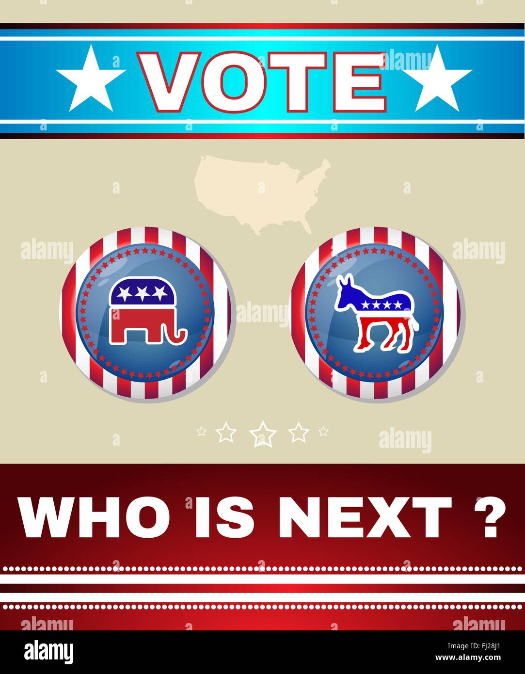 Who is Next President - Election Day 2016 Campaign Social Promotion Banner. Elephant versus Donkey. American Flag's Symbolic. Stock Vector