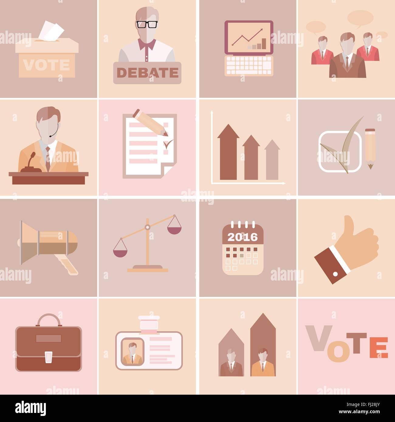 Presidential Elections and Debates Brown Flat Vector Icons. Different Elements suited for Elections Campaign. Stock Vector