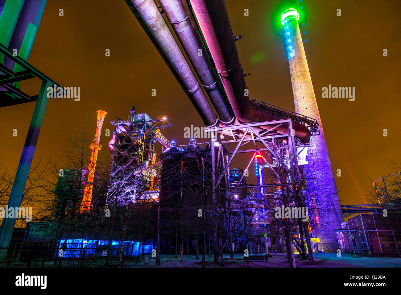 Landscape park Duisburg Nord, a former steel works, today an industrial heritage site, Duisburg, Germany, nightly illumination Stock Photo