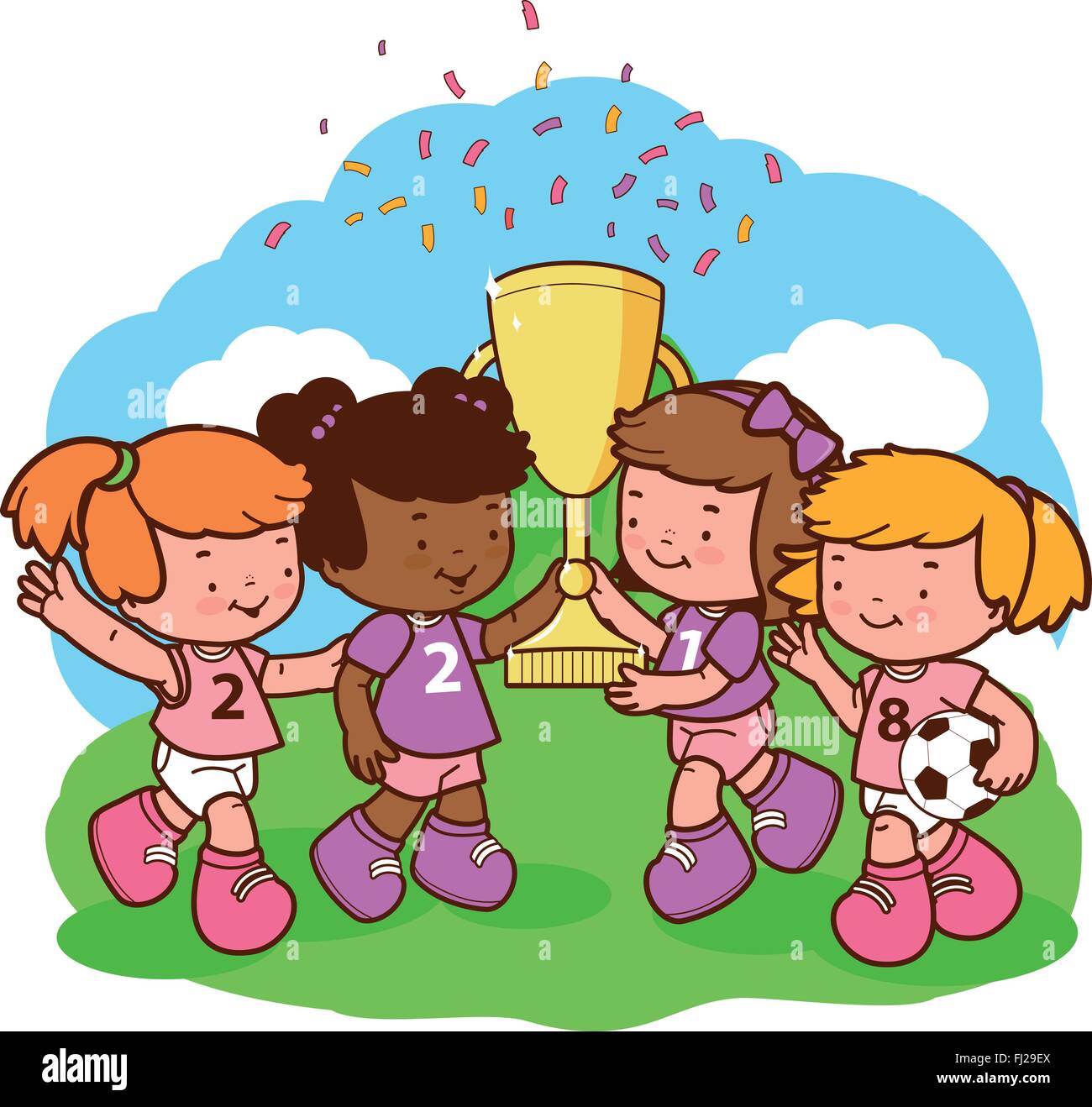 Girls soccer players champions holding trophy. Stock Vector