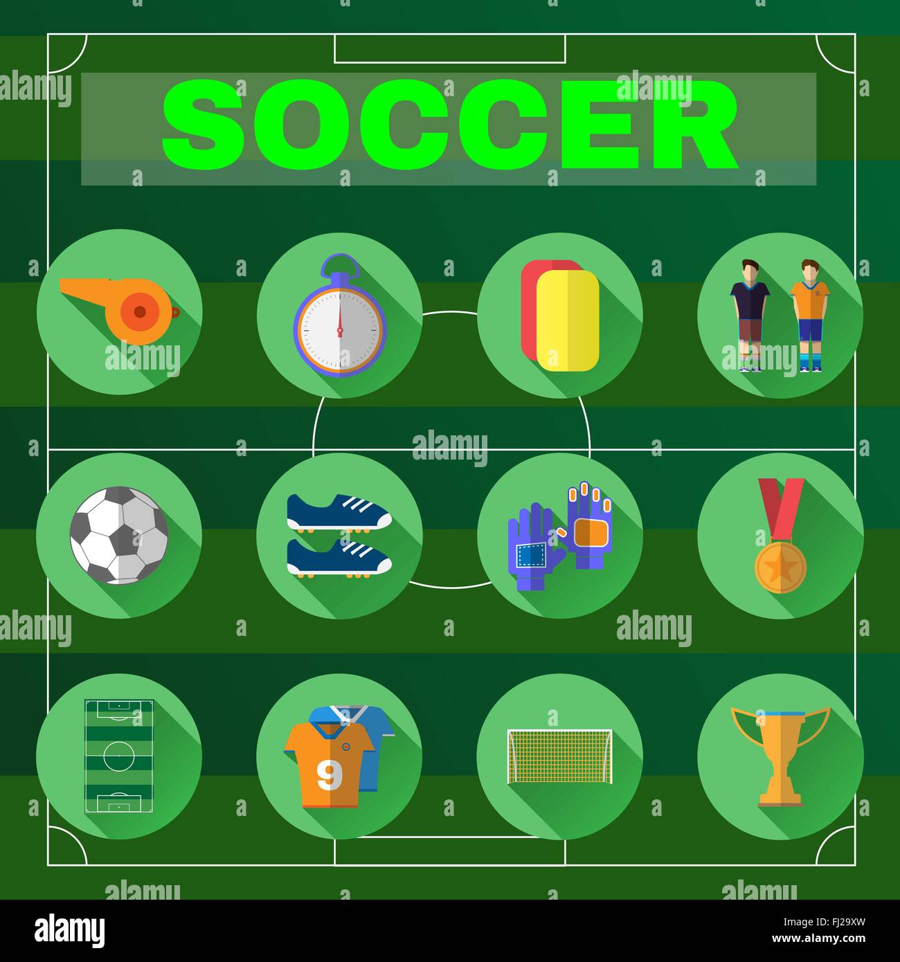 Soccer Game Icons. Football Elements Playfield, Stopwatch, Medal