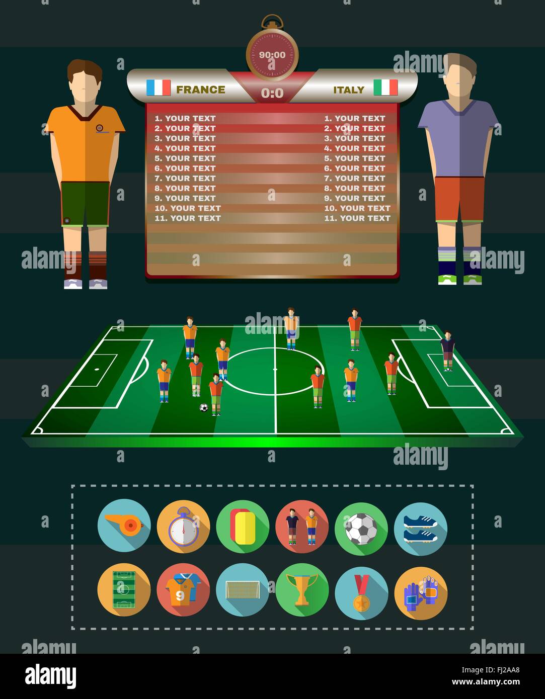 Football Soccer Match Statistics. Scoreboard with players and Match Score and Game Icons.