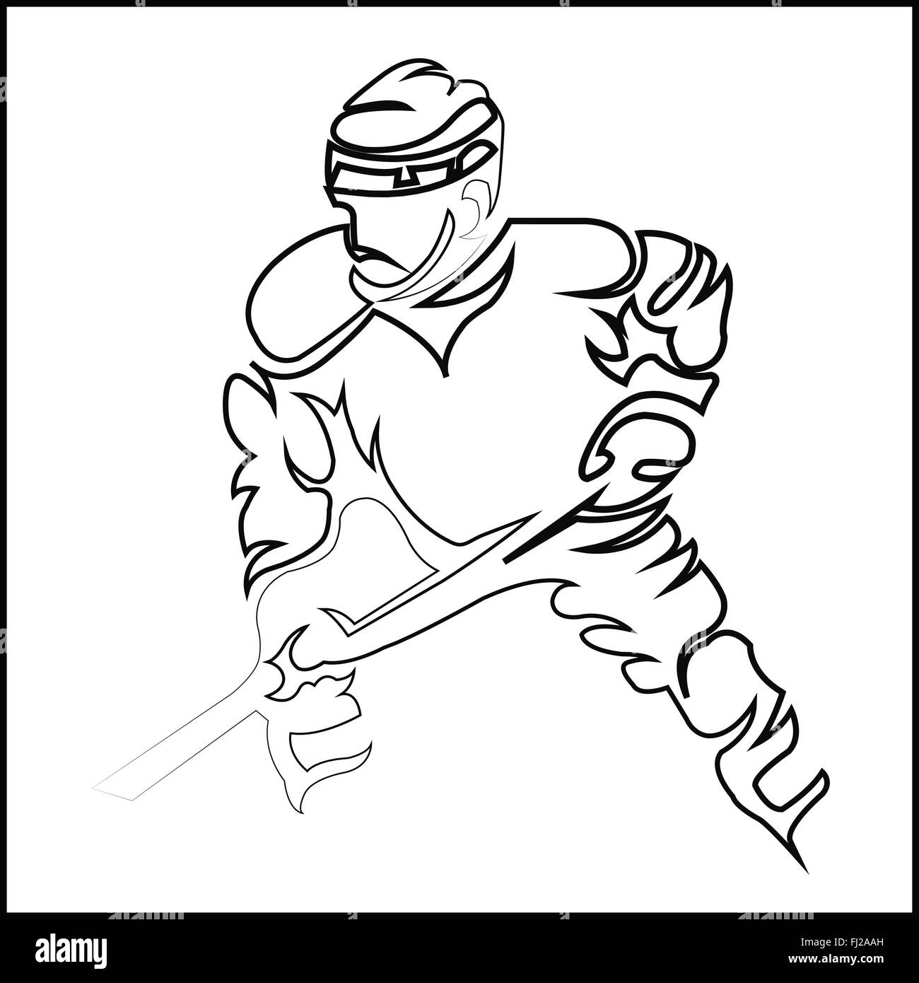 Hockey Player Line Art Silhouette with Hockey Stick or Club in Hand