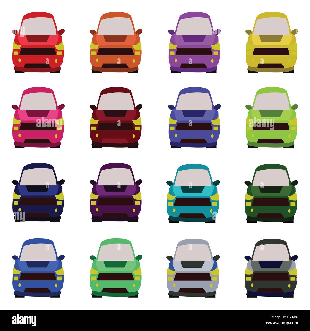 Sixteen Vehicles Front View. Car icons set. Digital vector flat ...