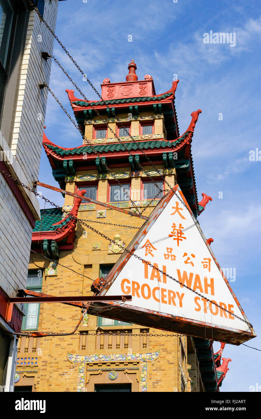 Tai Wah Grocery Store sign and Pui Tak Center Building, Chinatown