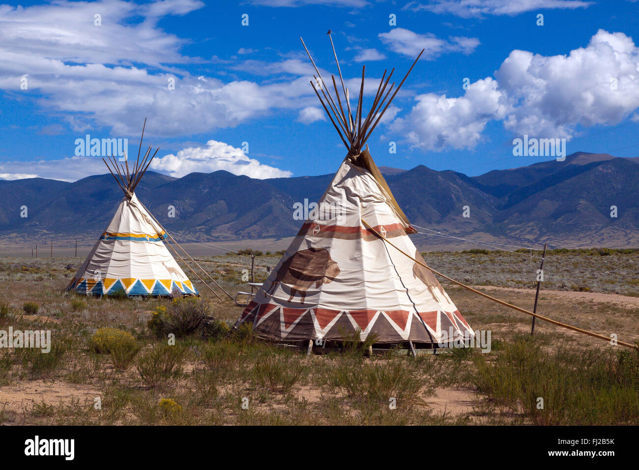 TEEPEES are used as accomodations at JOYFUL JOURNEYS HOT SPRINGS - MOFFAT COLORADO Stock Photo