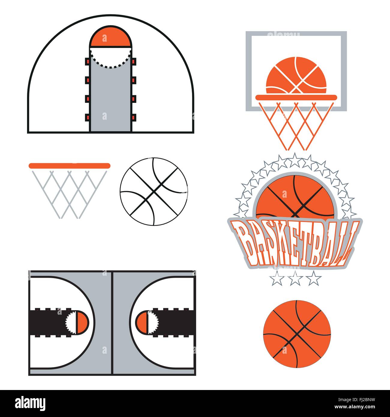 Basketball objects. Ball used for playing a basketball game. Basket for