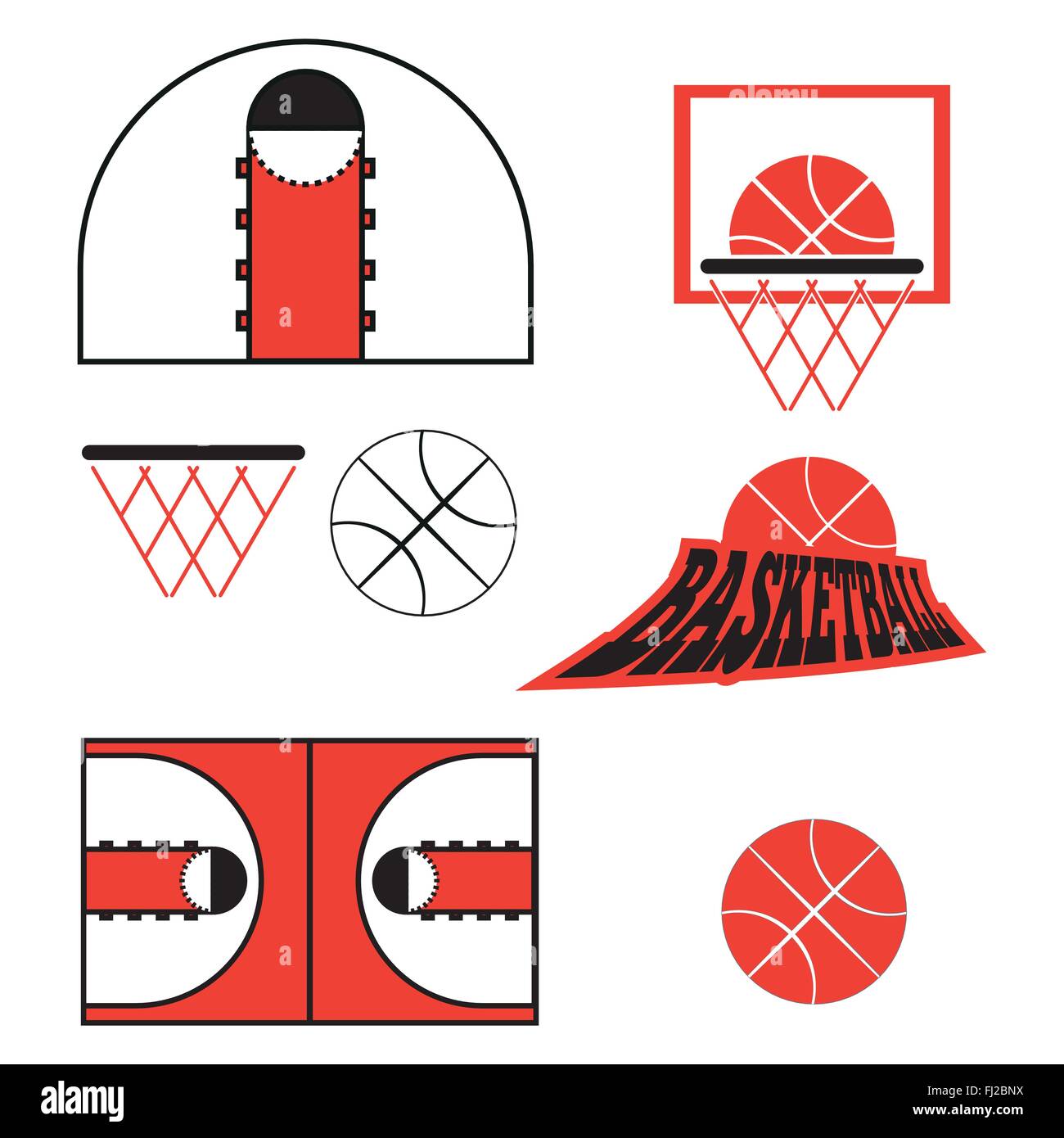 Basketball objects. Ball used for playing a basketball game. Basket for