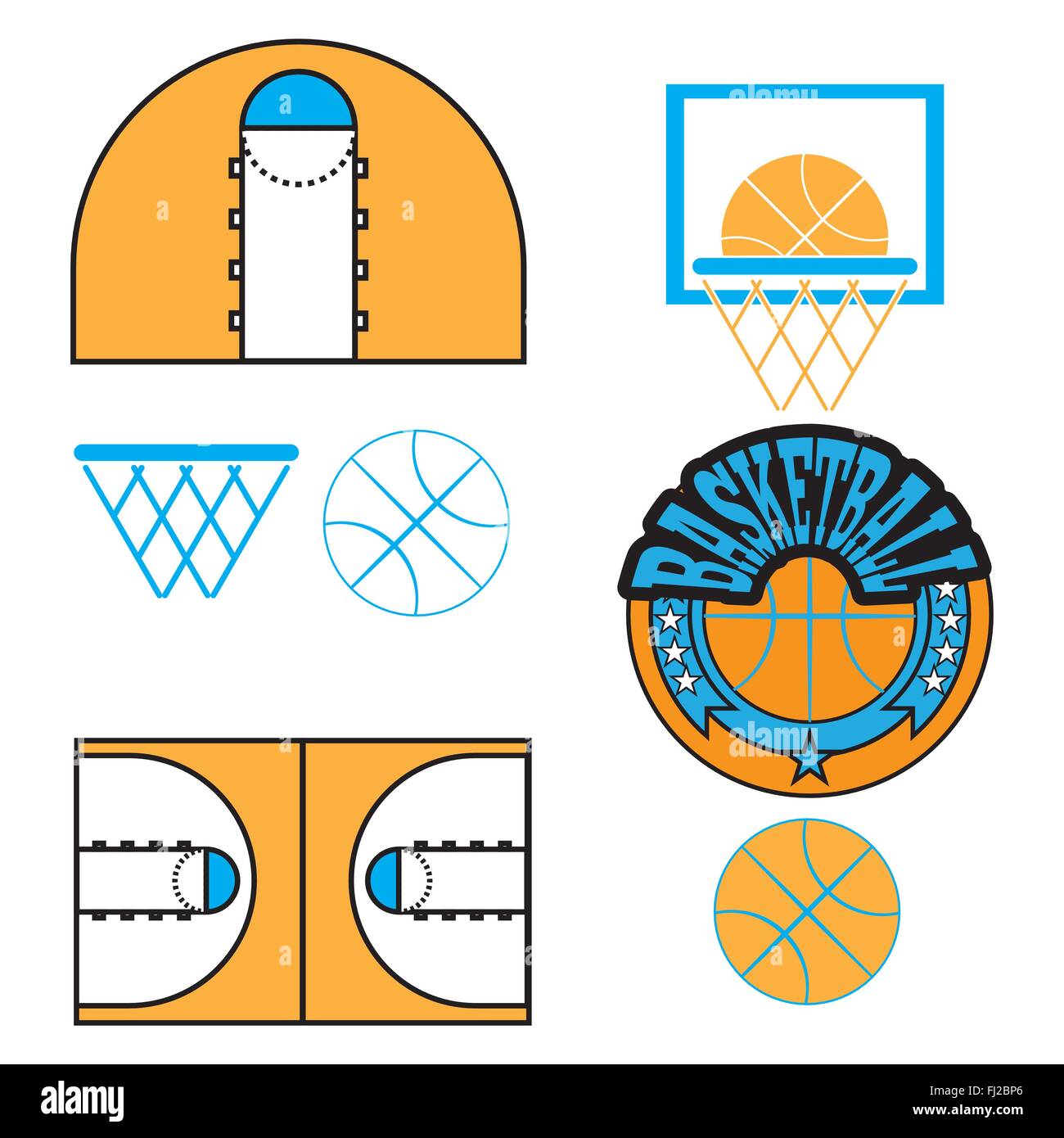 Basketball objects. Ball used for playing a basketball game. Basket for