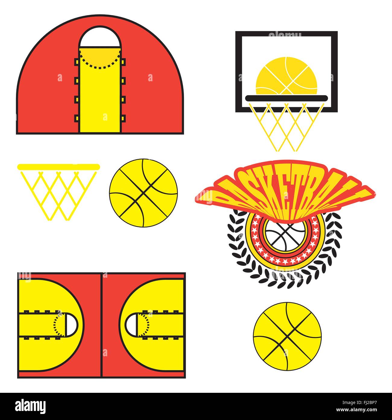 Basketball objects. Ball used for playing a basketball game. Basket for