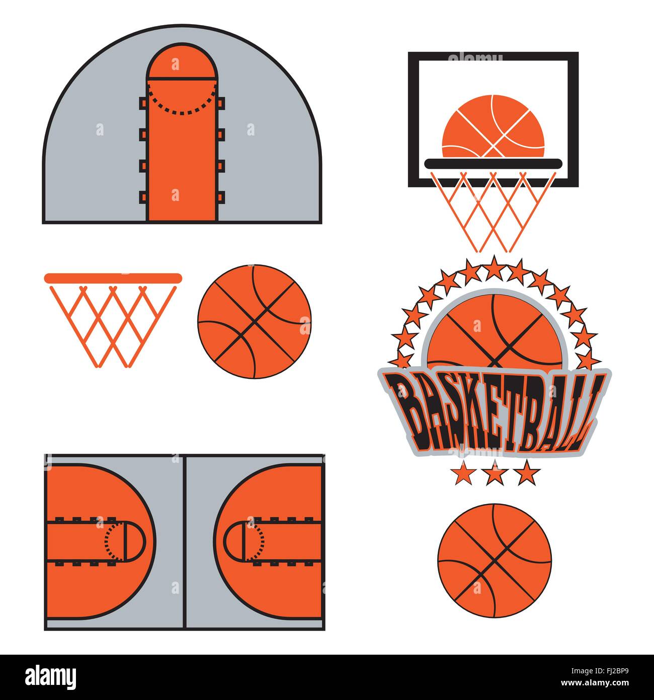 Basketball objects. Ball used for playing a basketball game. Basket for