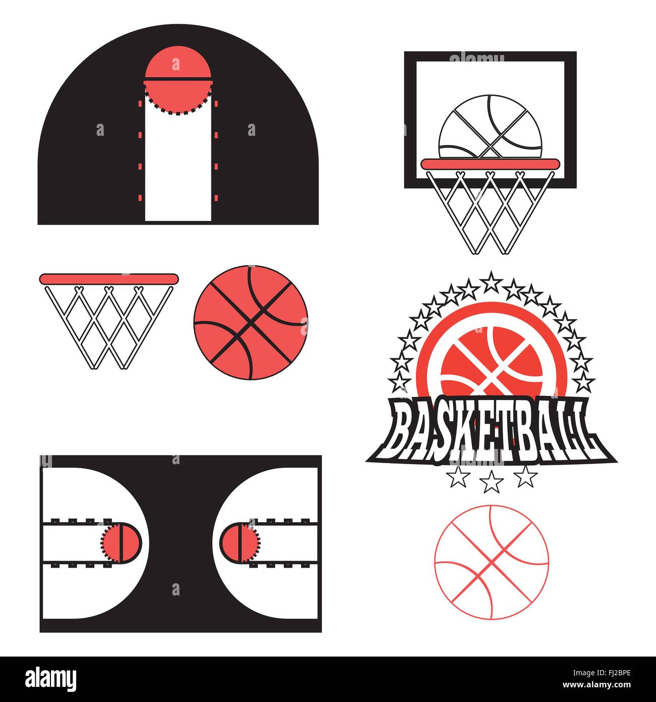 Basketball objects. Ball used for playing a basketball game. Basket for