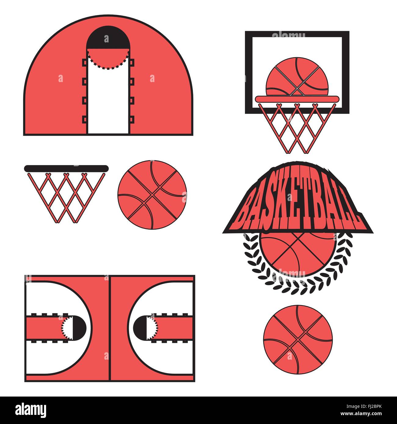 Basketball objects. Ball used for playing a basketball game. Basket for