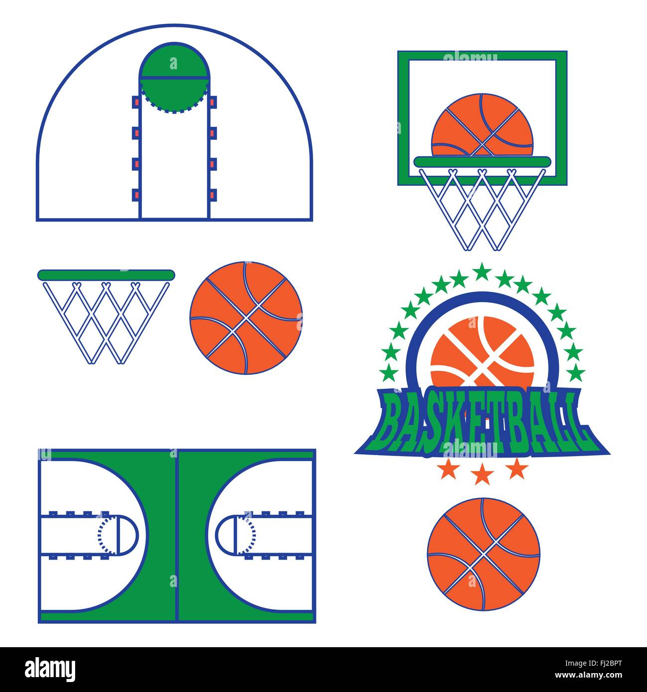 Basketball objects. Ball used for playing a basketball game. Basket for throwing balls. Sports symbols. Basketball Play Court De Stock Vector