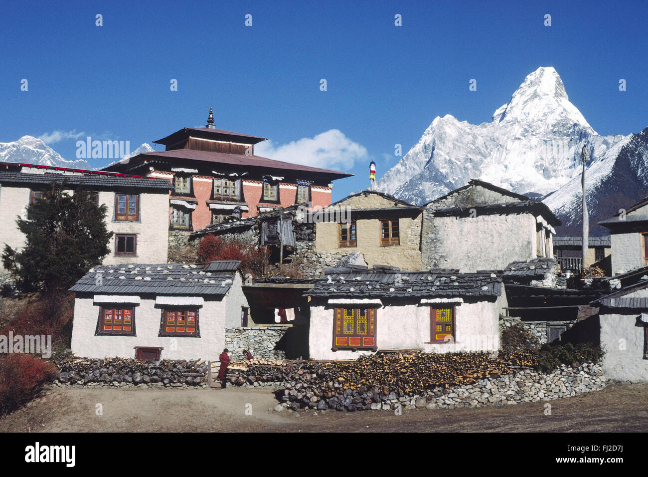 Thyangboche Monastery is the Sherpa's main religeous & cultural center - This structure burned in 1989 & is being rebuilt - Khum Stock Photo