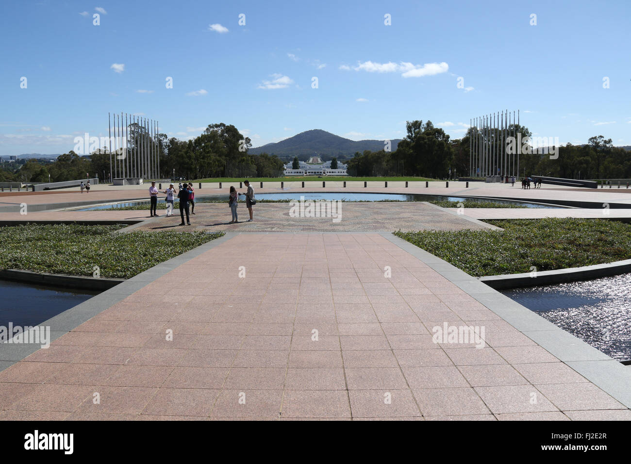 View from in front of the Australian Parliament House at Capital Hill in Canberra. Stock Photo