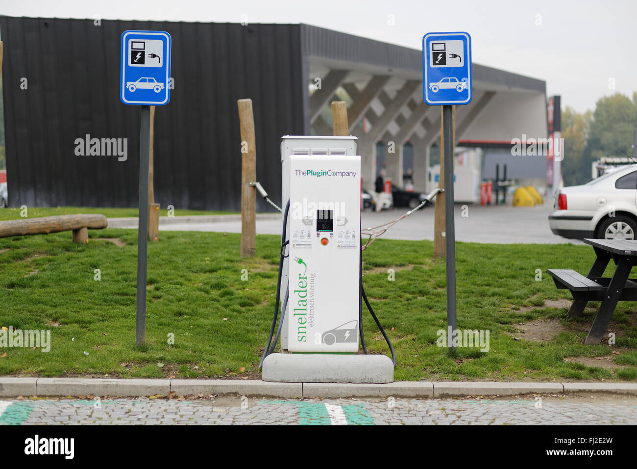 Electric car charging points at rest area in Belgium, 10.18.2016 Stock