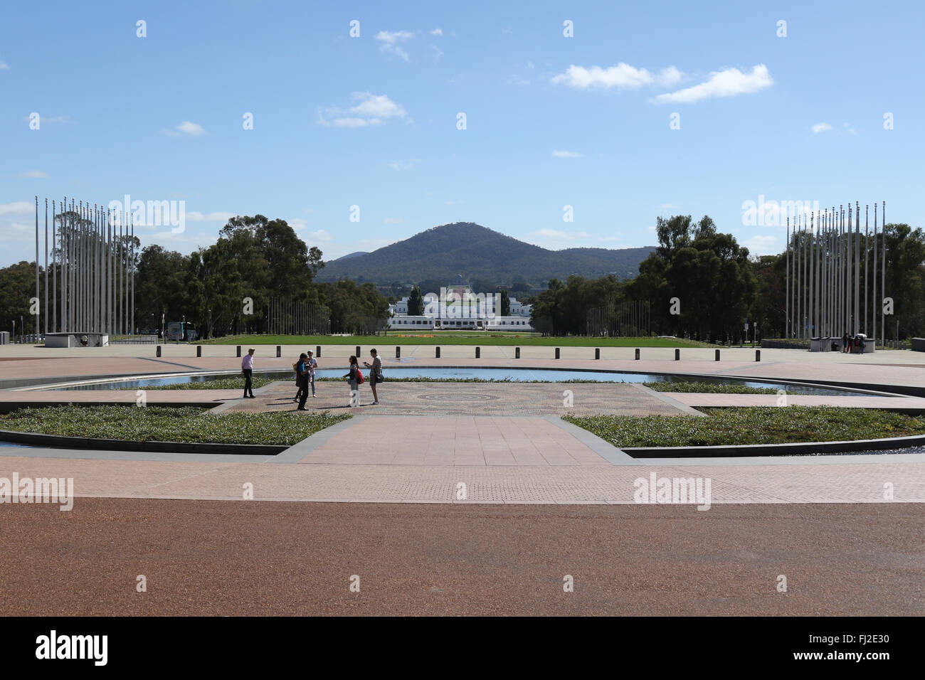 View from in front of the Australian Parliament House at Capital Hill in Canberra. Stock Photo