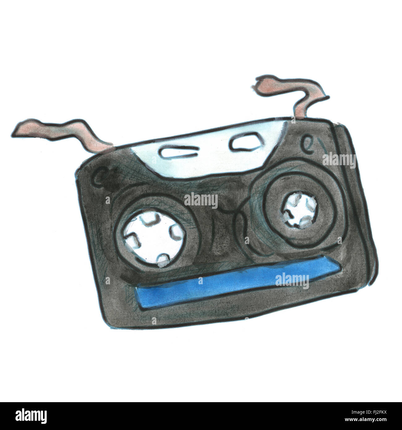 black audio cassette isolated cartoon watercolor Stock Photo