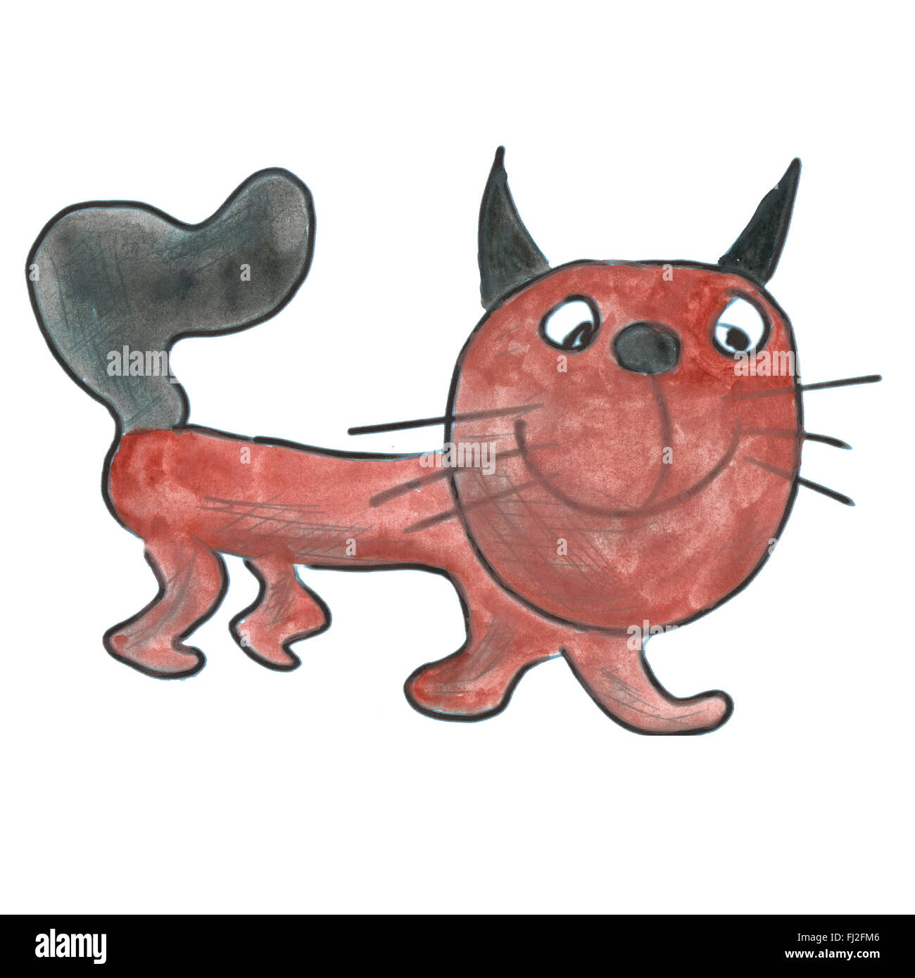 black brown cat cartoon watercolor isolated Stock Photo