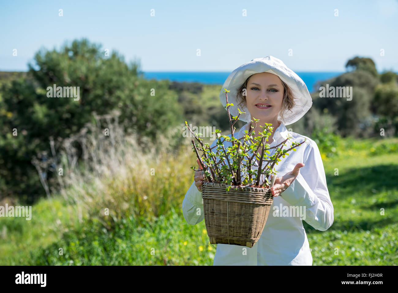 Woman in white holding a pot with plant outdoors Stock Photo - Alamy