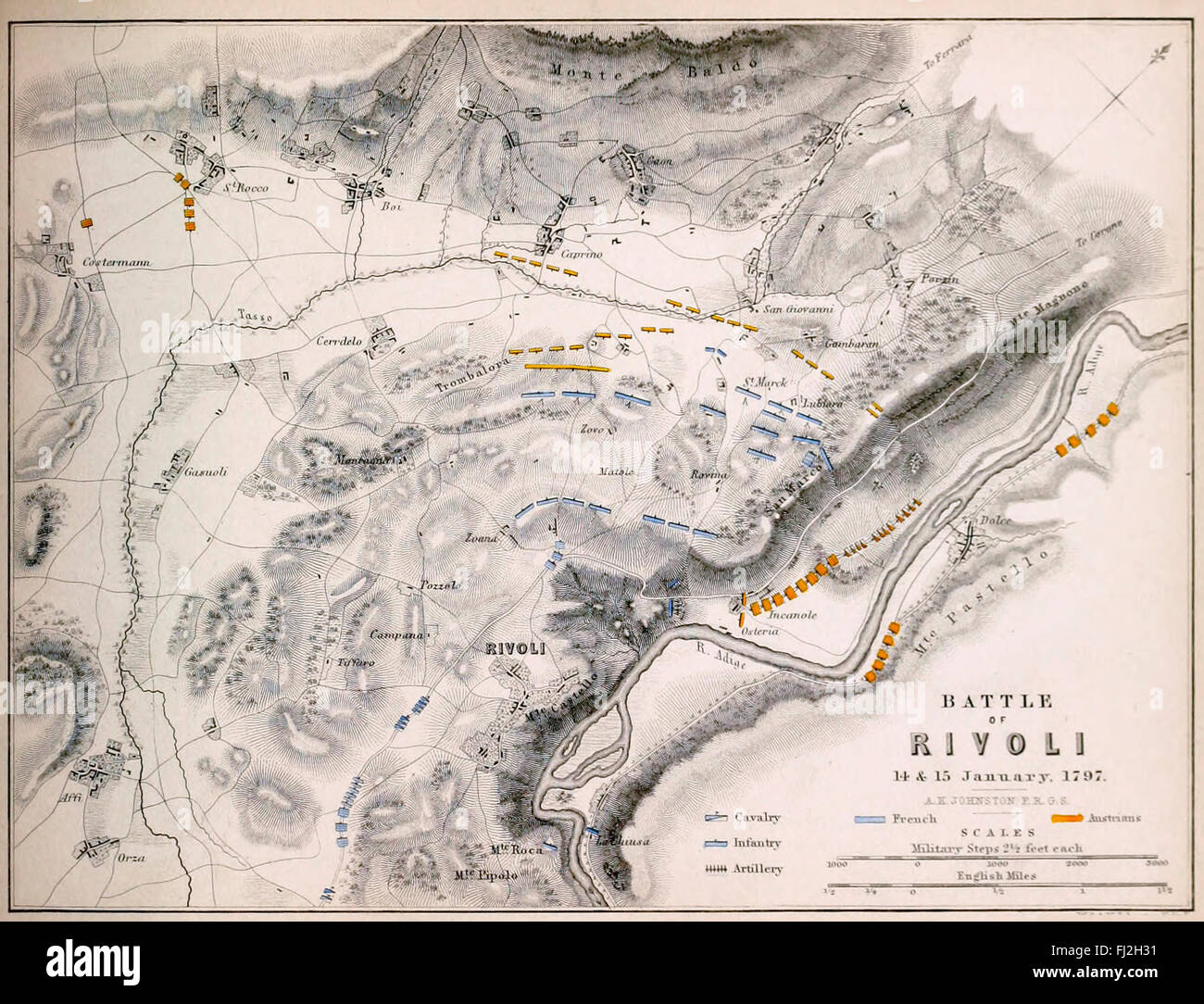 The Battle of Rivoli (14–15 January 1797) was a key victory in the French campaign in Italy against Austria. Napoleon Bonaparte's 23,000 Frenchmen defeated an attack of 28,000 Austrians under Feldzeugmeister Jozsef Alvinczi, ending Austria's fourth and final attempt to relieve the Siege of Mantua. Stock Photo