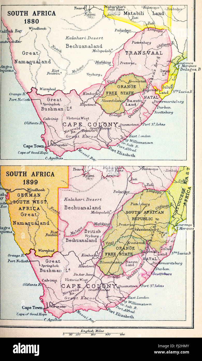 Map of South Africa in 1880 and 1899 Stock Photo