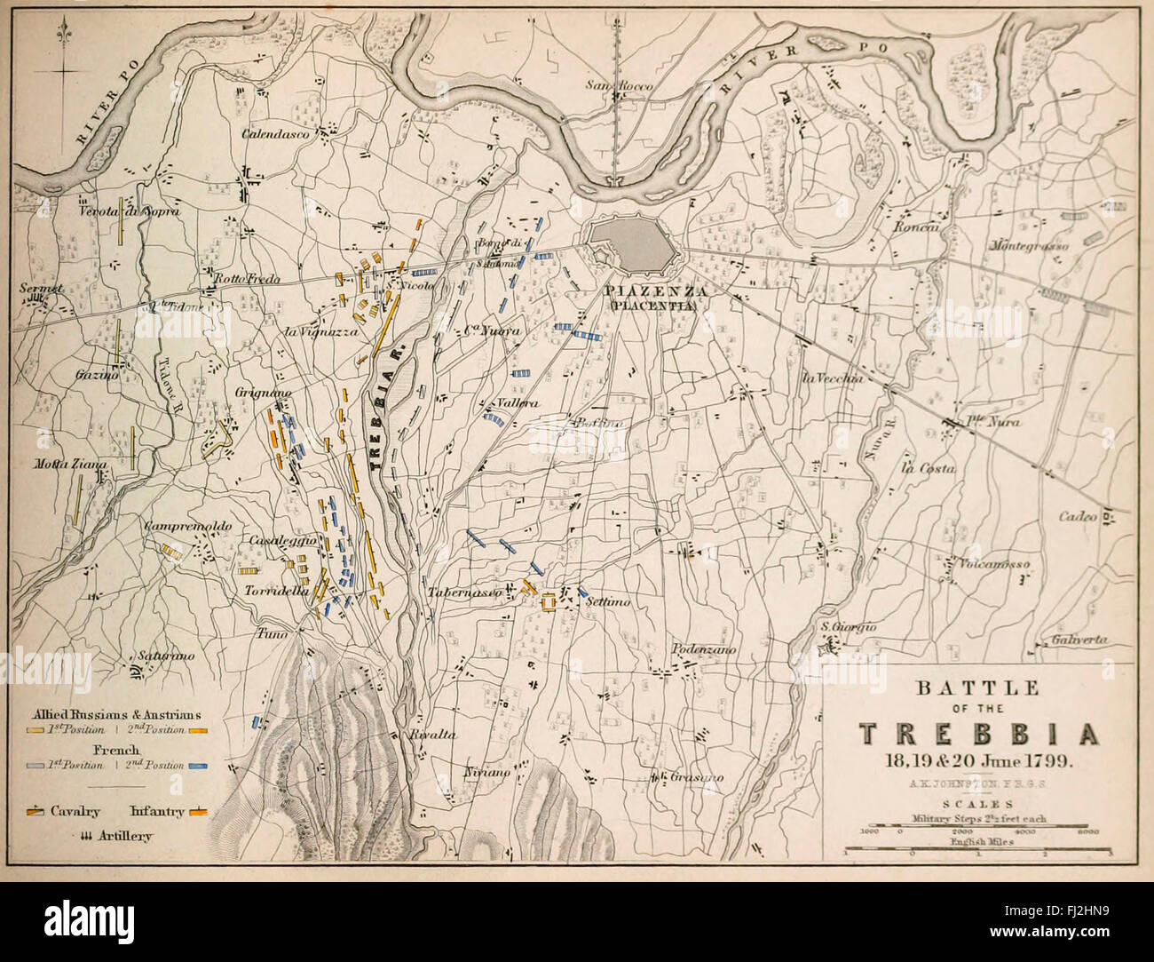 Battle of the Trebbia  - June 18, 19, 20 1799   The Battle of Trebbia or the Napoleonic Battle of the Trebbia (17–20 June 1799) was fought near the Trebbia River in northern Italy between the joint Russian and Habsburg Austrian army under Alexander Suvorov and the Republican French army of Jacques MacDonald Stock Photo