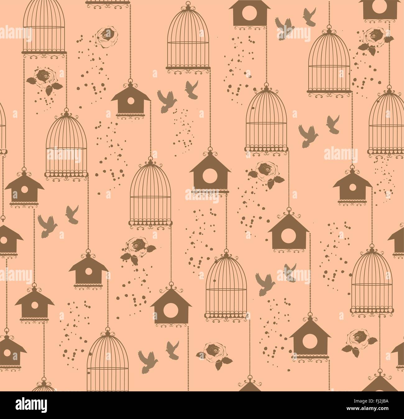 vector vintage seamless background with cages and birds Stock Vector
