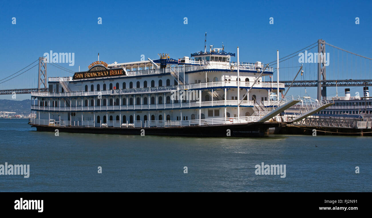The SAN FRANCISCO BELLE PADDLEBOAT and the BAY BRIDGE from a pier at