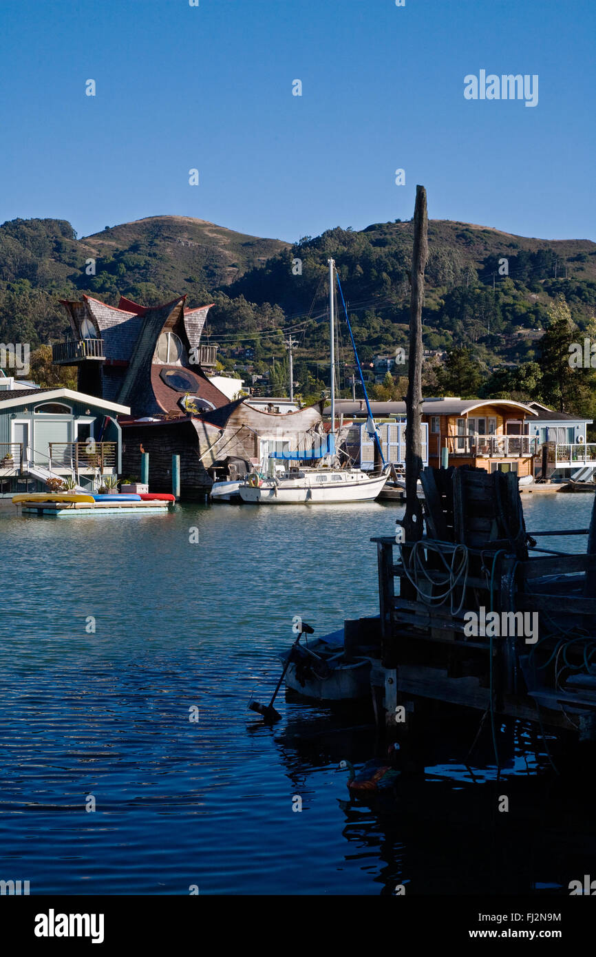 Sailboats are docked next to HOUSE BOATS IN SAUSALITO SAN FRANCISCO