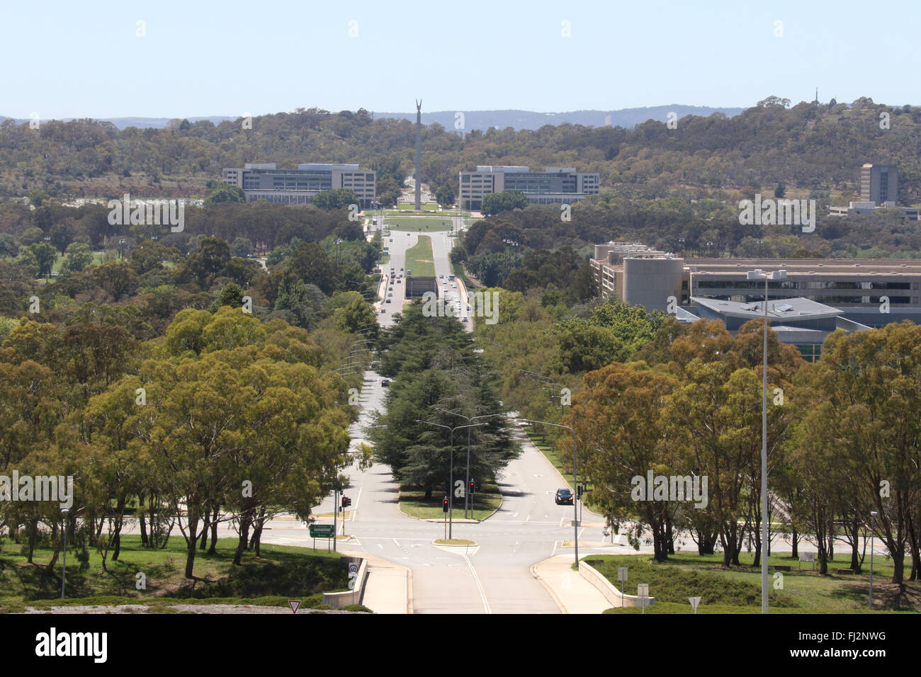 The view towards Kings Avenue from the roof of the Australian Parliament House at Capital Hill in Canberra. Stock Photo