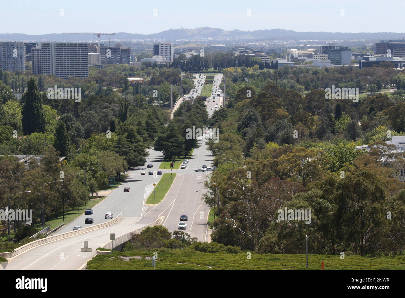 The view towards Commonwealth Avenue from the roof of the Australian Parliament House at Capital Hill in Canberra. Stock Photo