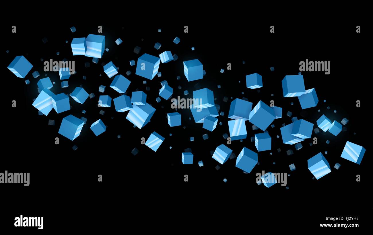 3d abstract futuristic black background with blue reflective cubes ...