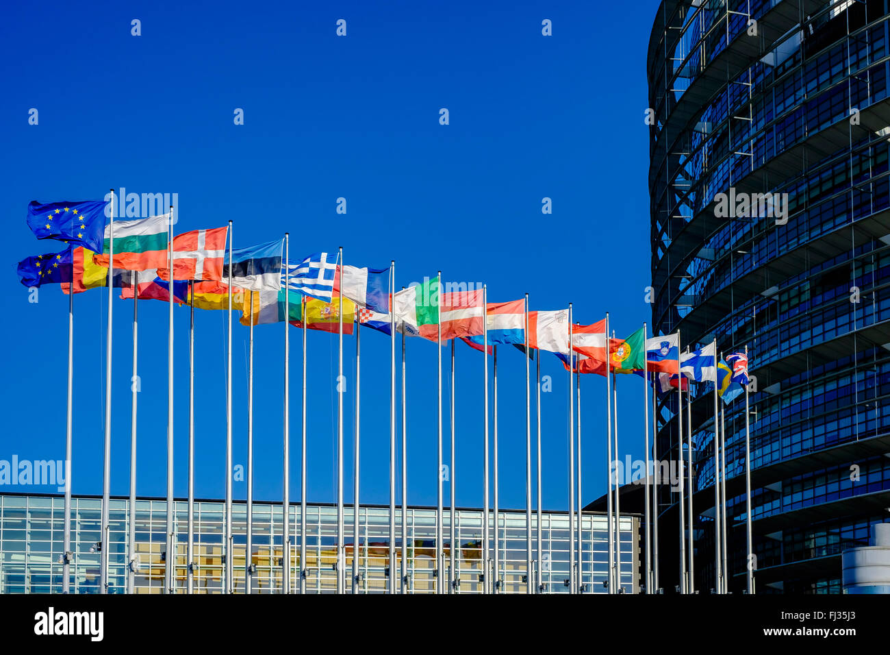 International flags in front of European Parliament, Strasbourg, Alsace, France Europe Stock Photo