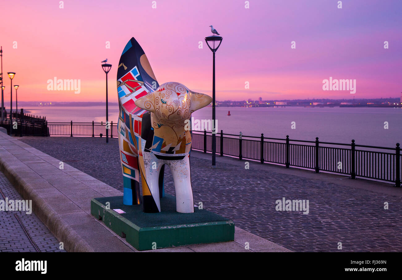 Super Lambanana in Liverpool, Merseyside, UK  29th February 2016. UK Weather. Cold, Crisp, Calm, Purple Dawn (Twilight crepuscular rays) a phenomenon which lasts a few minutes, with associated sunrise over the Albert Dock & Pierhead. Albert Dock is a major tourist attraction in the city and the most visited attraction in the United Kingdom, outside London. Stock Photo