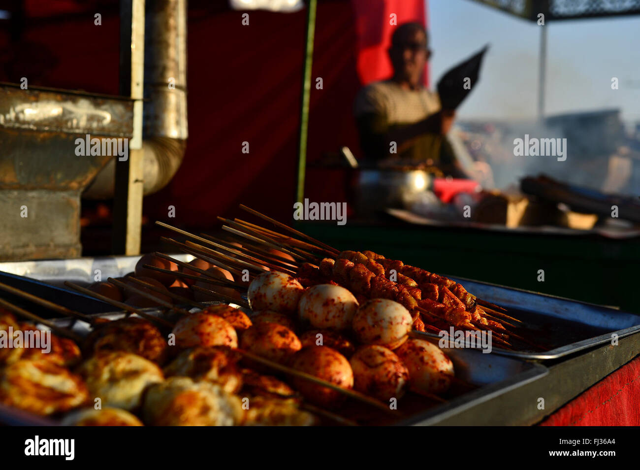 Yutian. 27th Feb, 2016. Photo taken on Feb. 27, 2016 shows roasts on a bazaar in Xambabazar Town of Yutian County, northwest China's Xinjiang Uygur Autonomous Region. Xambabazar, which means 'Saturday market' in Uigur, is part of life of local people, who enjoy tasty food on this special occasion. © Shen Qiao/Xinhua/Alamy Live News Stock Photo