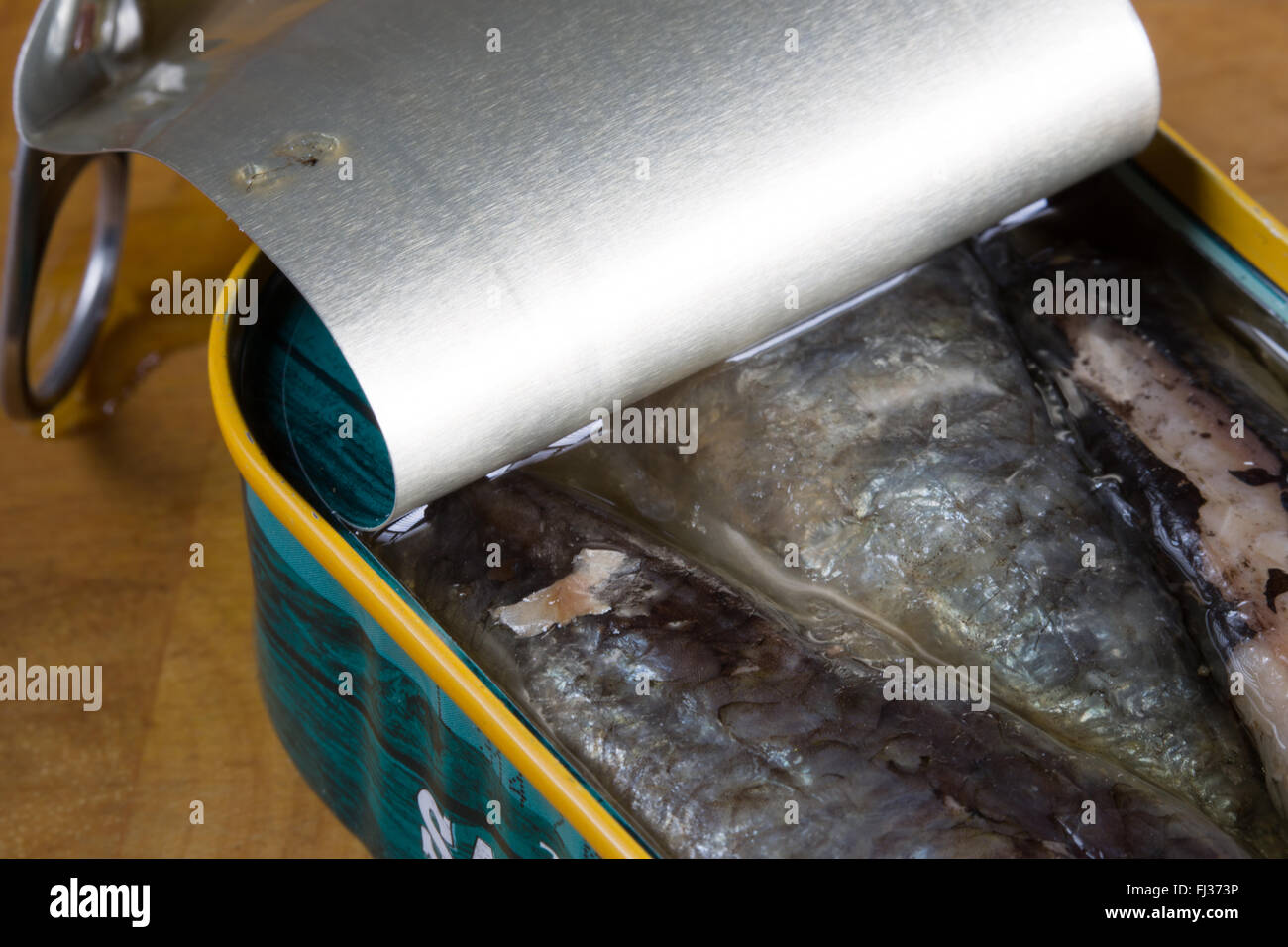 A macro image of canned, ready to eat, Moroccan Sardines in Sunflower oil presented in it's opened tin. Stock Photo