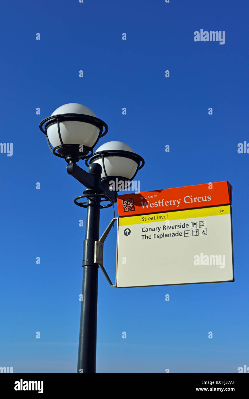 Westferry Circus lamp and sign, Canary Riverside, Docklands, London E14, United Kingdom Stock Photo