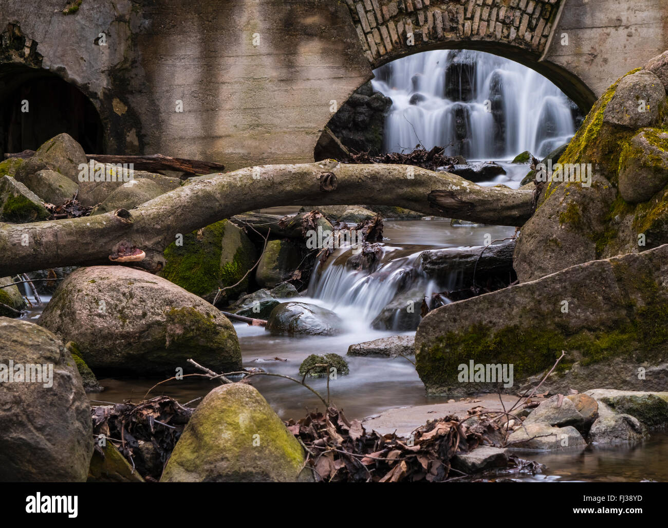 Water flow through the arch and stones in early spring Stock Photo