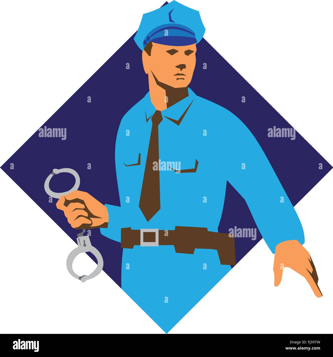 vector illustration of a policeman police officer with handcuffs set inside diamond shape in isolated white background. Stock Vector