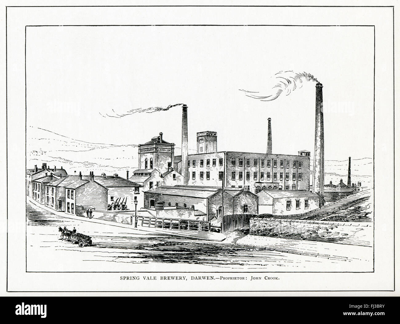 The Spring Vale Brewery, Darwen, 1890 engraving of the Lancashire brewery of John Crook, founded by his brother William and taking its water from the nearby Pilgrim’s Spring Stock Photo
