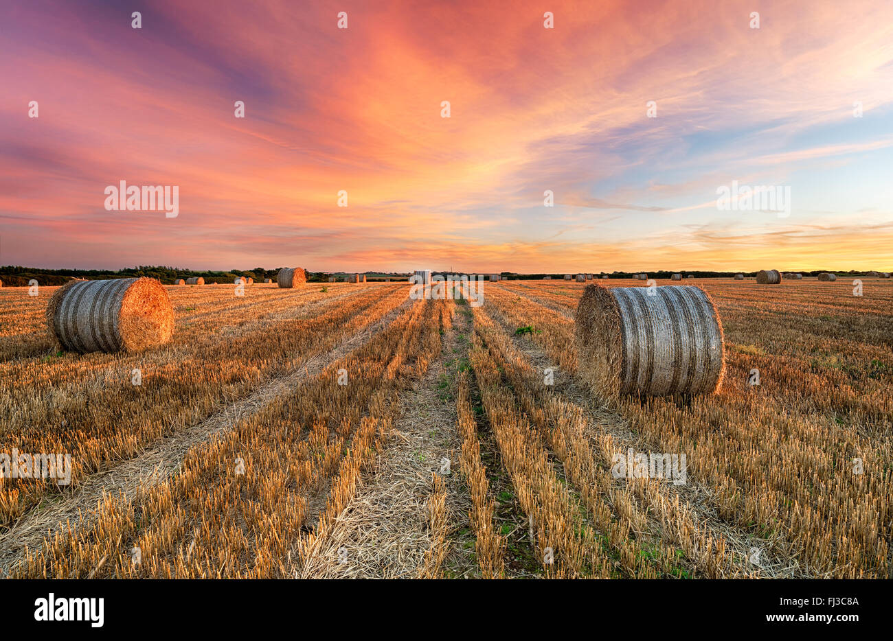 Stunning sunset over hay bales near Crantock in Cornwall Stock Photo