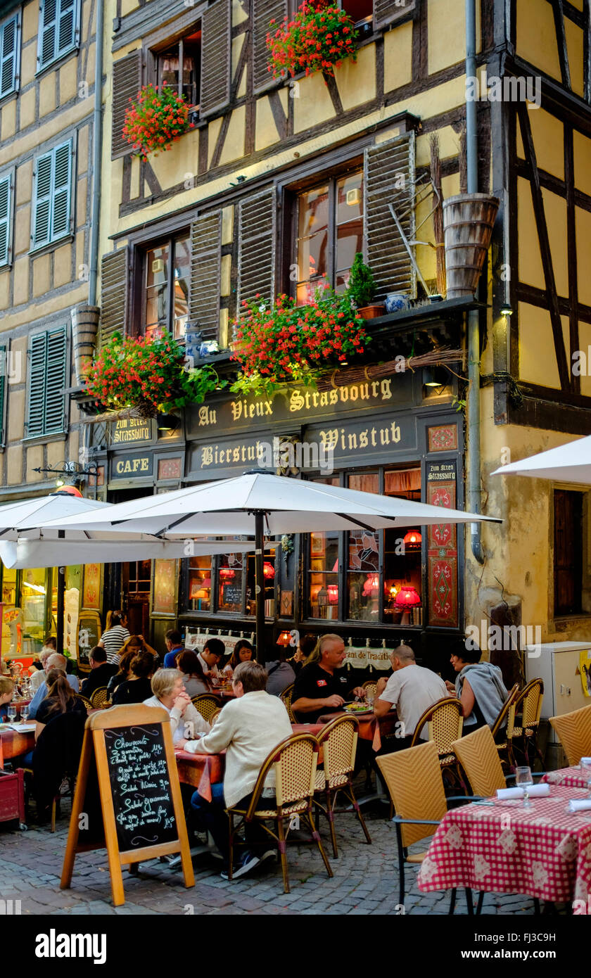 Strasbourg, Au Vieux Strasbourg restaurant, alfresco terrace, Alsace, France, Europe, Stock Photo