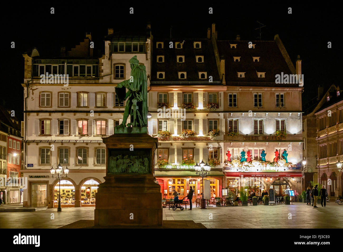 Gutenberg monument Strasbourg, restaurants, night, Place Gutenberg square, Strasbourg, Alsace, France, Europe, Stock Photo