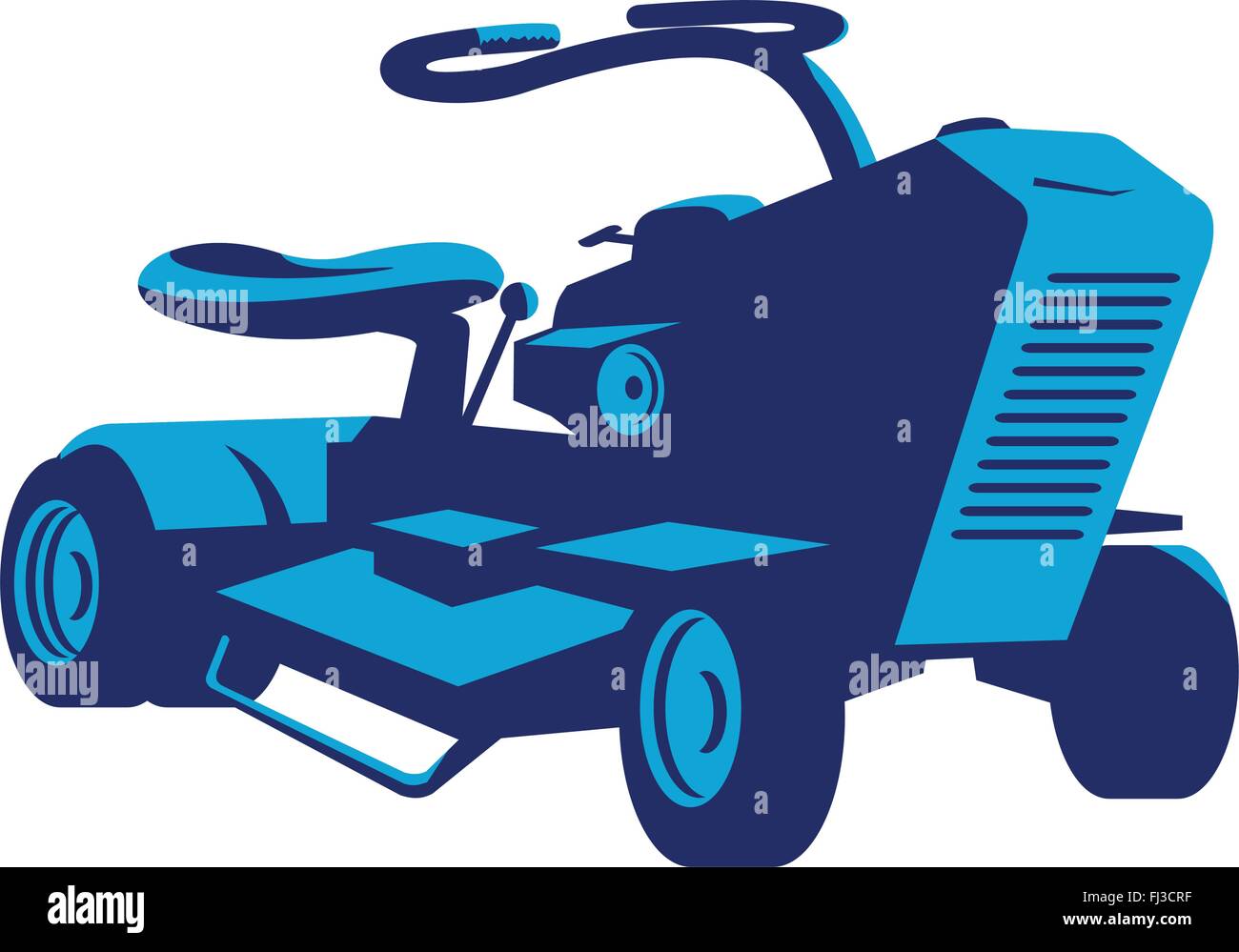 vector illustration of a vintage ride on lawn mower viewed from front on low angle done in retro style. Stock Vector