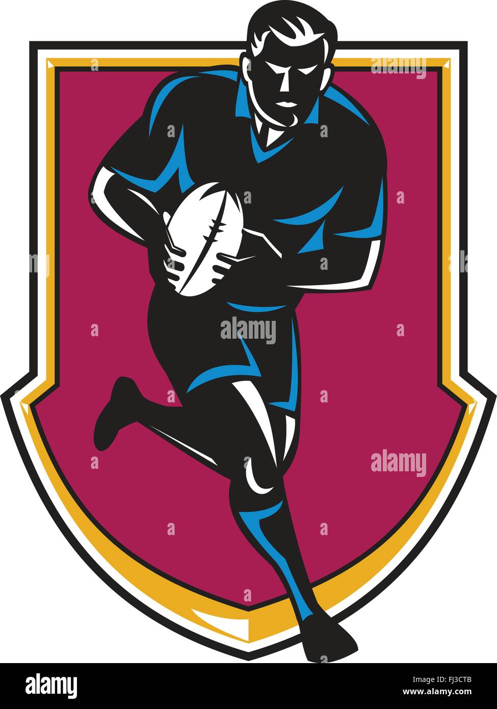 vector illustration of a rugby player running passing ball with shield ...