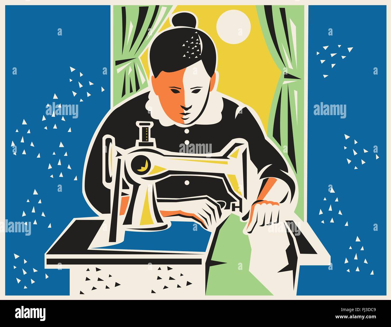 Illustration of a seamstress dressmaker tailor sewing with vintage machine done in retro woodcut style. Stock Vector