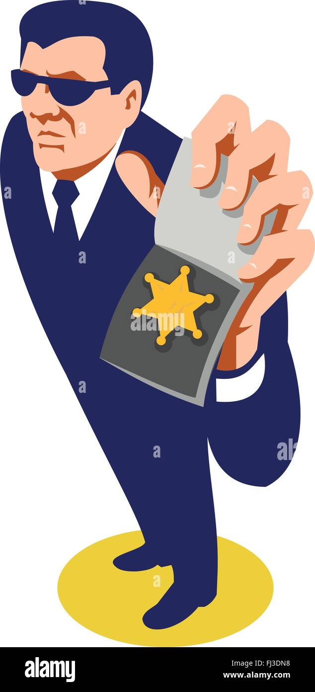 vector illustration of a secret agent detective police officer policeman showing id badge done in art deco retro style viewed from high angle. Stock Vector